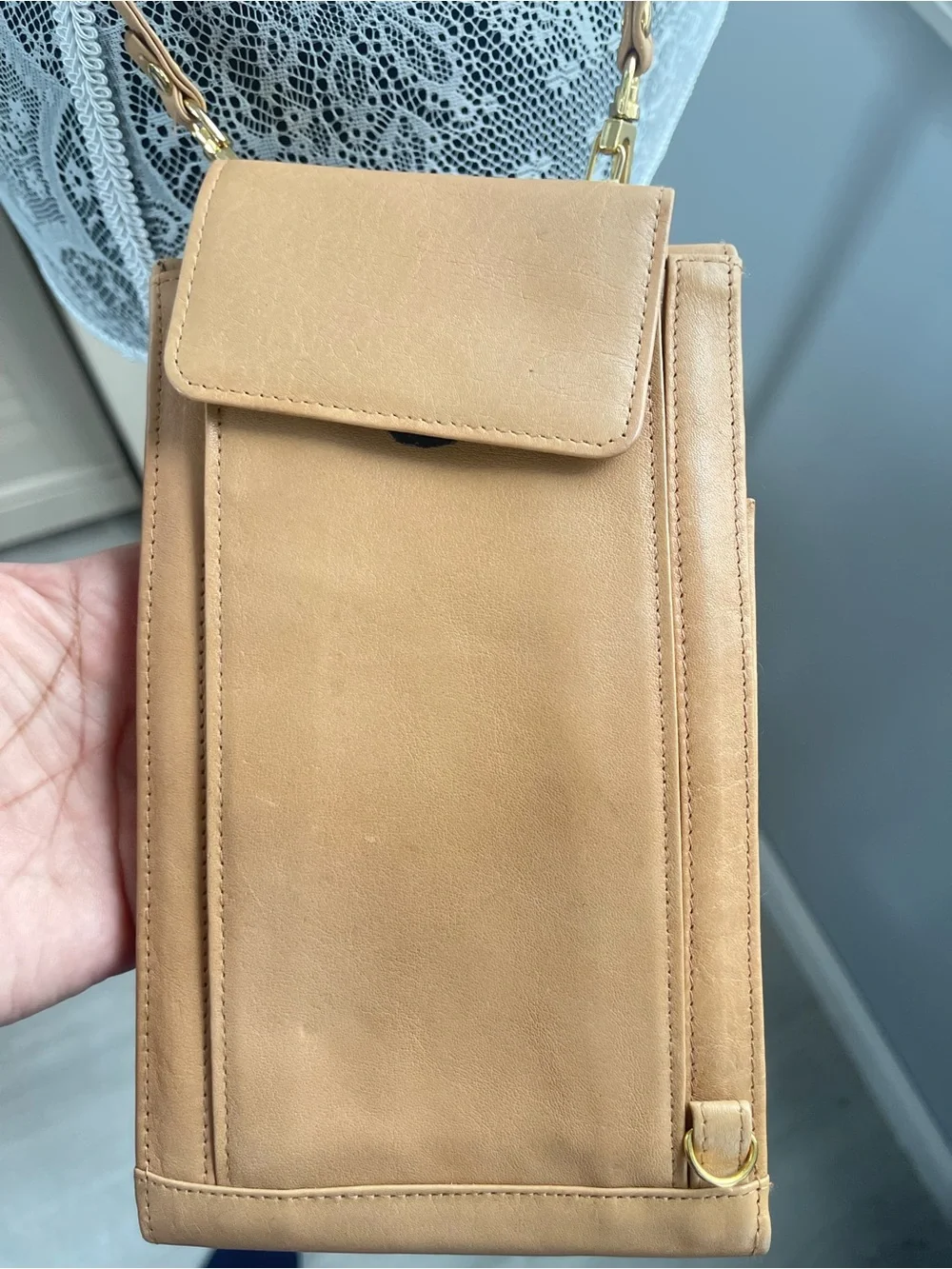 Camel Leather Crossbody Phone Bag - Minimalist Women’s Shoulder Pouch